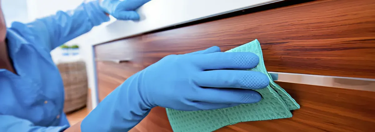 Cleaner wearing blue gloves wiping a wooden cabinet drawer with a microfiber cloth for dust and grime removal, Rochester, NY.