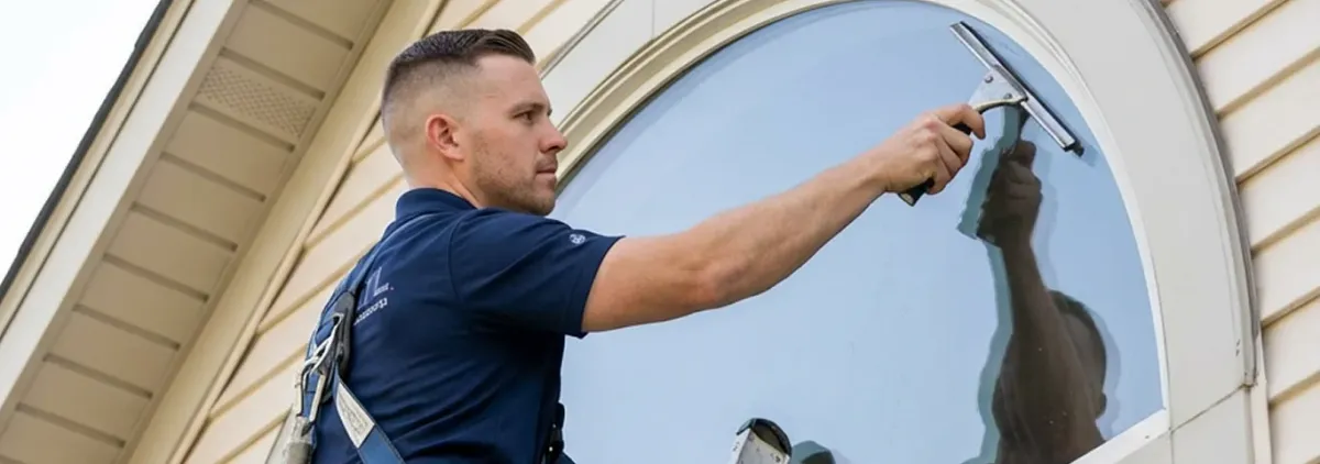 Professional window cleaner using a squeegee to clean an exterior arched window on a home, Rochester, NY.