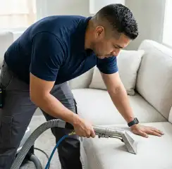 Professional upholstery cleaning technician using an extraction wand to deep-clean a fabric sofa, Rochester, NY.